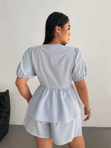 POPSWAY 2pcs/Set Plus Size Front Tie Short Sleeve Plaid Minimalist Top And Shorts - Multicolor - View 2