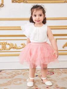SHEIN Baby Girl Cute Ruffle Trim White Sleeveless Top, Summer - White - View 3