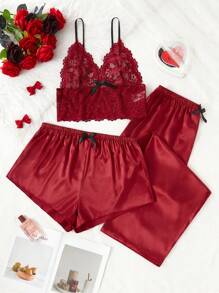 SilkySpell Juego de lencería de 3 piezas/set para el Día de San Valentín, compuesto por camiseta sin tirantes de encaje rojo y pantalones de seda falsa