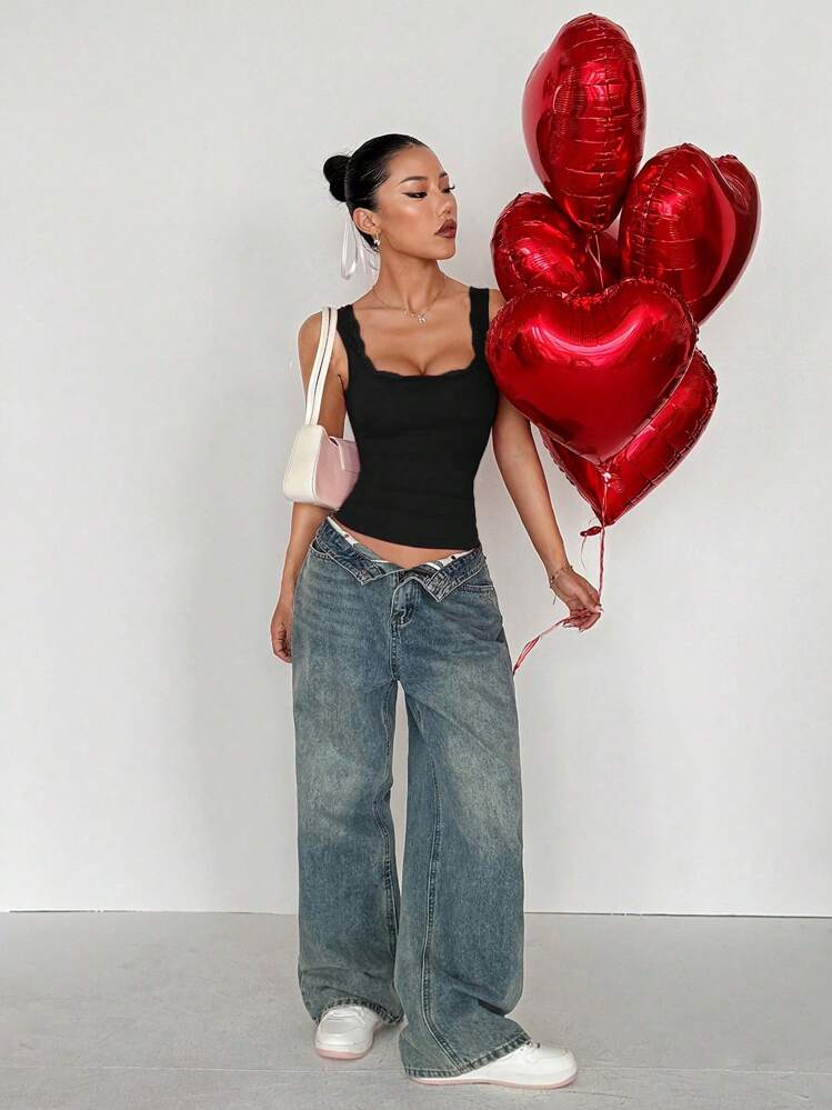 SHEIN Unity レース パッチワーク ネックライン レッド レディース