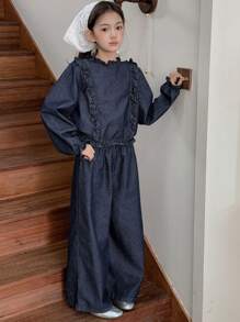 DAZY 少女秋装 少女牛仔套装 - 深色水洗藍 - 查看 7