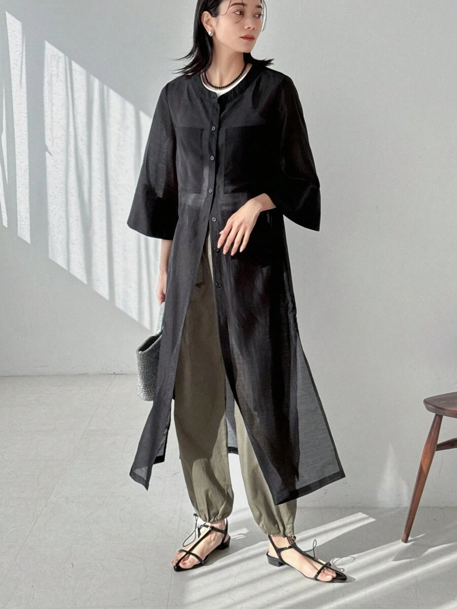 FRIFUL 女士黑色透明长夹克、透明衬衫春季外套