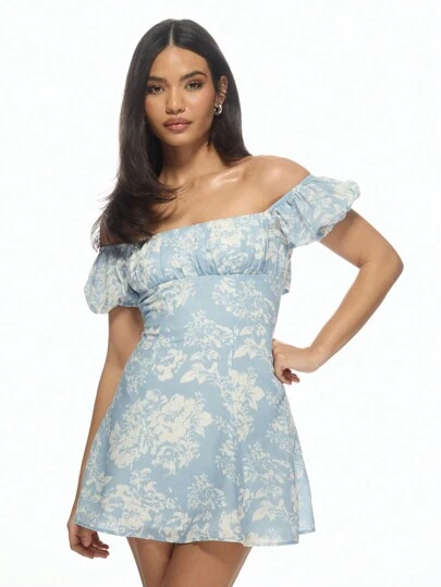 MISSGUIDED 挤奶女工芭铎迷你连衣裙花卉印花高腰泡泡袖夏季花园派对茶会连衣裙乡村风复古风