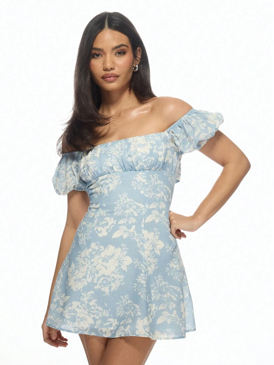 MISSGUIDED 挤奶女工芭铎迷你连衣裙花卉印花高腰泡泡袖夏季花园派对茶会连衣裙乡村风复古风 - 彩色 - 查看 1