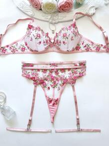 Set de lencería de 5 piezas con top de tirantes y ropa interior con bordado floral para mujeres