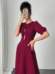 SHEIN Unity 优雅法式泡泡袖系腰勃艮第红色女式连衣裙 - 酒紅色 - 查看 4