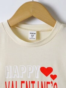 SHEIN 年轻男孩情人节心形和字母印花圆领 T 恤，夏季 - 杏色 - 查看 5