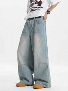 GALLERY FADE Quần Jeans Ống Thẳng Rộng Màu Xanh Nhạt Vintage Cho Nam - Rửa nhẹ - Xem 4