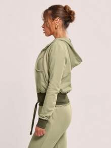 MUSERA Distressed Hem Zip Up Hooded Sweatshirt - Army Green - View 2