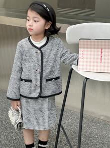 DAZY 2 Pieces Set: Young Girl Single-Breasted Woven Long Sleeve Jacket + Mini Skirt, Spring/Summer Fall,Winter - Black and White - View 13