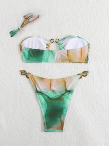 Conjunto de bikini sexy de 2 piezas con tirantes finos y cadena decorativa, estampado aleatorio para primavera, para mujeres - Multicolor - Ver 7