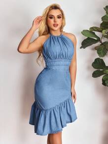 SHEIN SXY Robe en jean sans manches, nouvelle robe d'été fine à taille resserrée par un cordon, volants asymétriques au bas, robe d'été décontracté à la mode