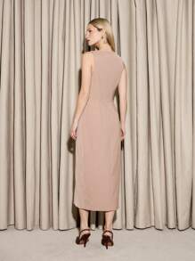 AiiRZ Elegant Button-Front Column Midi Dress With Pockets Professional Office Party Wedding Guest Business Sleeveless Split Front Fall Winter Spring - Khaki - View 2