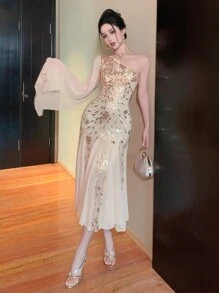 DAZY Vestido midi con escote asimétrico con volantes, falda de sirena y parches de lentejuelas para mujer, vestido de fiesta, vestido formal, vestido de manga larga para otoño, vestido elegante de lujo para mujer, nuevo atuendo de Año Nuevo, vestido brillante de carnaval - Albaricoque - Ver 5