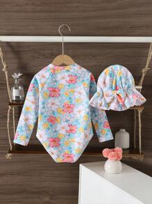 Girls' Printed One-Piece Swimsuit Girls' Floral Print One-Piece Swimsuit With Long Sleeves And Zipper Detail Young Girls' Multicolor High Neck Swimsuit With UPF 50+ Sun Protection Perfect For Summer Beach Days