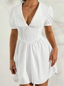 Glamine Vestido blanco de verano con cuello Peter Pan, mangas abullonadas, corte evasé y plisado a la cintura en diseño vintage francés