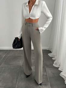 RueChic Women's Solid Color Front Button Minimalist Casual Long Pants, Everyday Wear - Grey - View 4