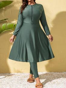 Swim Mulvari Plus Size Solid Color Front Zipper Long Sleeve Casual Top & Pants Burkini Set, For Summer Beach VacationArabic Clothing