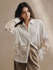 Anewsta 女士刺绣纯色优雅浪漫都市立领长袖衬衫