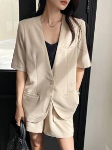 DAZY Conjunto de top blazer de lino de albaricoque de manga corta y pantalones cortos para mujer, traje informal de verano ligero de manga corta mitad sólido, conjunto de dos piezas para mujer - Caqui - Ver 1