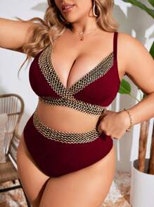 SHEIN Swim Curve 2pcs Plus Size Women Spaghetti Strap Contrast Tape Decor Separate Style Casual Resort Swimwear Bikini Set, For Summer Beach Vacation - Burgundy - View 5