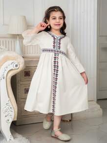 Young Girls Ramadan Collection V-Neck Flared Long Sleeve A-Line Dress With Elastic Waist, Digital Print, For Spring/Summer - White - View 1