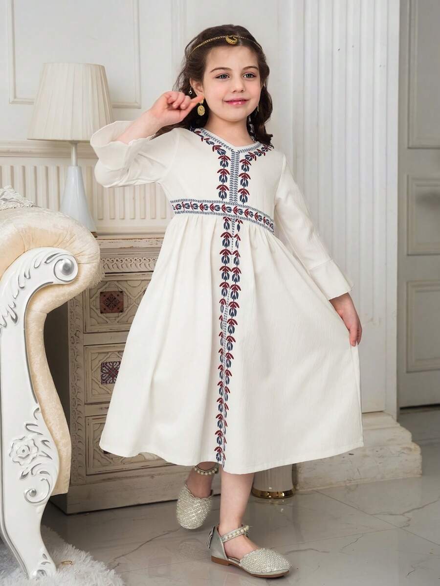 Young Girls Ramadan Collection V-Neck Flared Long Sleeve A-Line Dress With Elastic Waist, Digital Print, For Spring/Summer - White - View 1