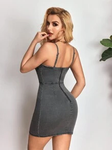 SHEIN Unity Women's Slim-Fit Casual Short Denim Dress With Spaghetti Strap - Grey - View 2