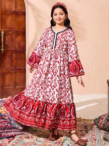 Tween Girls Loose Flare Sleeve Dress For Vacation - Multicolor - View 5