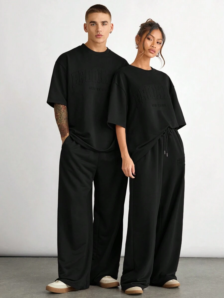 Manfinity BRENVOR 2 件套男士宽松落肩圆领短袖 T 恤和抽绳腰直筒裤套装夏季服装