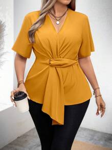 SHEIN Clasi Áo sơ mi peplum màu trơn thường ngày cỡ lớn mùa hè, thắt eo, viền bất đối xứng - Màu vàng - Xem 3