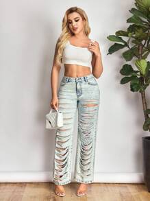 SHEIN SXY Jeans rectos de pierna casual con efecto desgastado de moda, estilo callejero para mujeres