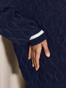 AiiRZ Luxury Cable Knit Button-Front Cardigan With Varsity Stripe Cuffs V-Neck Designer Knitwear Chunky Winter Sweater Cozy Holiday Fashion - Navy Blue - View 4