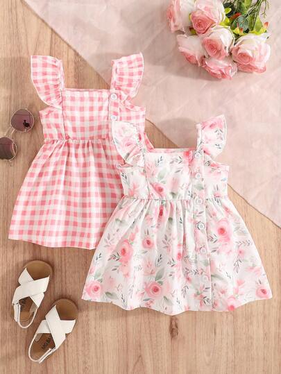 SHEIN Vintaside Kids 2 件套婴儿/女宝宝格子和花卉印花盖袖纽扣休闲连衣裙，甜美夏日度假装
