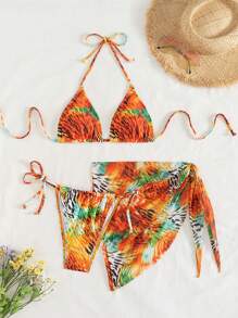 Swim SXY Springbreak Women Tropical Print Leopard Stripe Halter Triangle Top Tie Waist Beach Dress 3-Piece Bikini Set