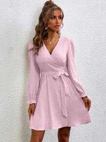 SHEIN Clasi 干玫瑰裹身式浪漫性感V领连衣裙 - 粉色 - 查看 3