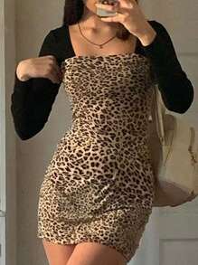 SHEIN Essnce Vestido corto ajustado con estampado de leopardo para mujer, para primavera y otoño - Multicolor - Ver 1