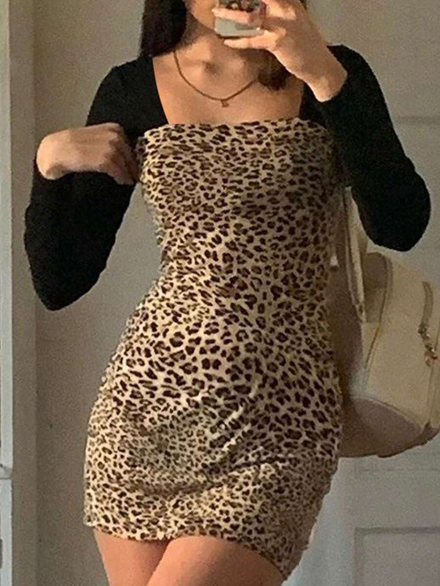 SHEIN Essnce Vestido corto ajustado con estampado de leopardo para mujer, para primavera y otoño - Multicolor - Ver 1