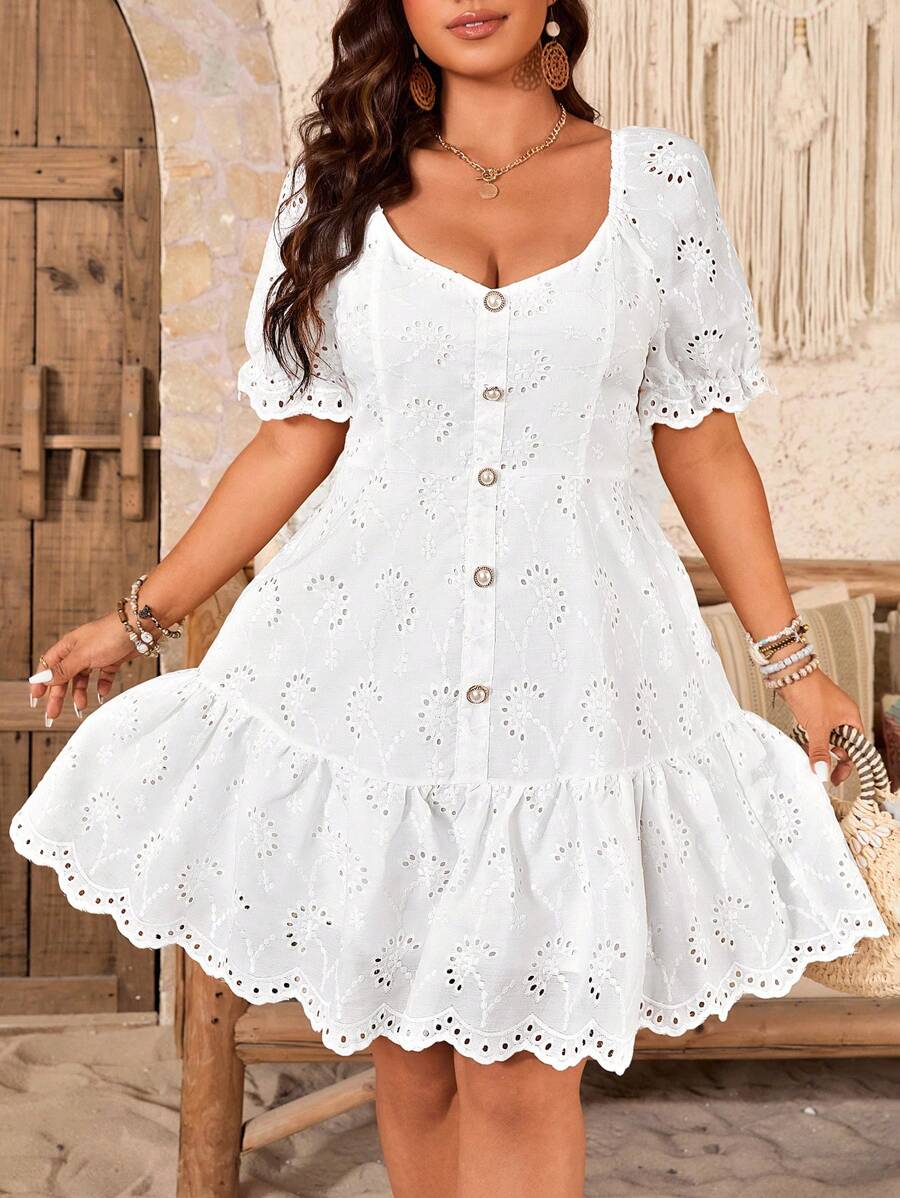 Breezaya Plus Size Women's Puff Sleeve & Front Button Solid Color Embroidery Dress - White - View 1