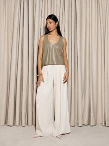 AiiRZ 奢华缎面背心 无袖圆领吊带背心 优雅晚装 夏季专业办公室工作衬衫 高级分层单品 - 棕色 - 查看 7