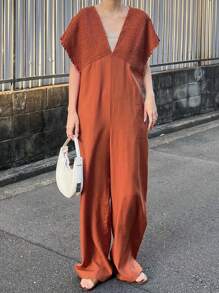 FRIFUL Women's Orange Jumpsuit With V-Neck And Tie, Summer Outfit Romper - Orange - View 2