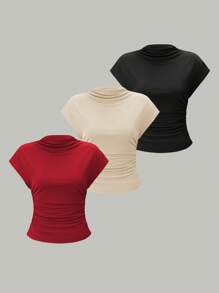 Chiquease Women's Solid Color Stand Collar Short Sleeve Ruched Fitted Shirt, Casual Everyday Wear - Multicolor - View 1