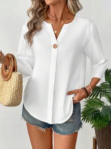 SHEIN LUNE 女士纯色 V 领前排纽扣休闲通勤简约衬衫