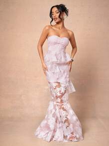 L'Amorae Elegant Floral Organza Peplum Maxi Dress - Pink - View 1