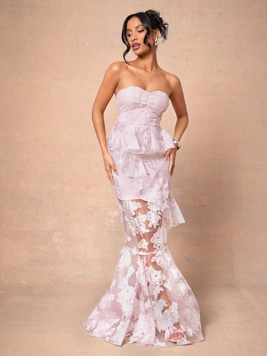 L'Amorae Elegant Floral Organza Peplum Maxi Dress - Pink - View 1