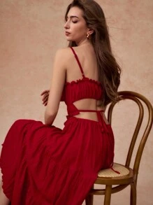 Écloséra Angola Red French Elegant Chic Sexy Spaghetti Strap Hollow Cut Pleated Insert Open Back Swing Dress, Mid-Length, Spring/Summer