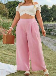 SHEIN VCAY Plus Size Women Pleated Pink & White Striped Loose Pants Summer Beach For Woman Graduation Brunch For Women St Patrick Spring Break Rave Festival Elegant Vacation Woman Casual Western Cute Boho Beach Spring Brunch For Women Old Money Tropical Vacation Woman Pants