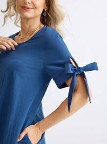 Miaspire Vestido casual sencillo de mujer con cuello redondo, manga corta y plisado en color liso