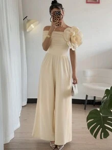 SHEIN ChicEase 优雅性感 3D 花卉女式连体裤 - 杏色 - 查看 4