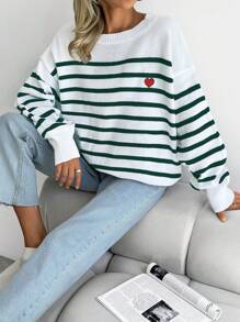 SHEIN Cottnline 条纹与心形图案落肩毛衣 - 綠色 - 查看 6